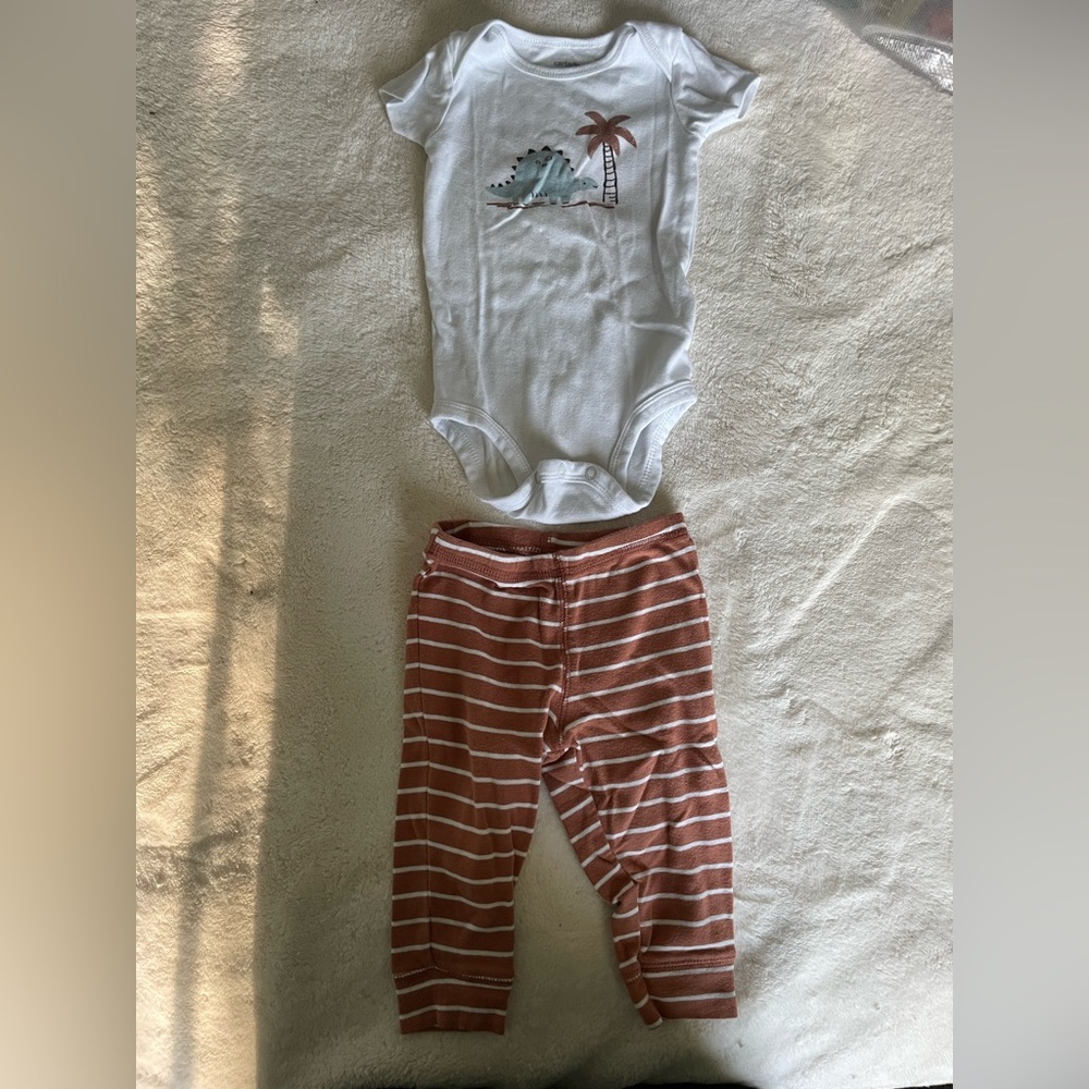 White Unisex Dinosaur Onesie with Striped Pants